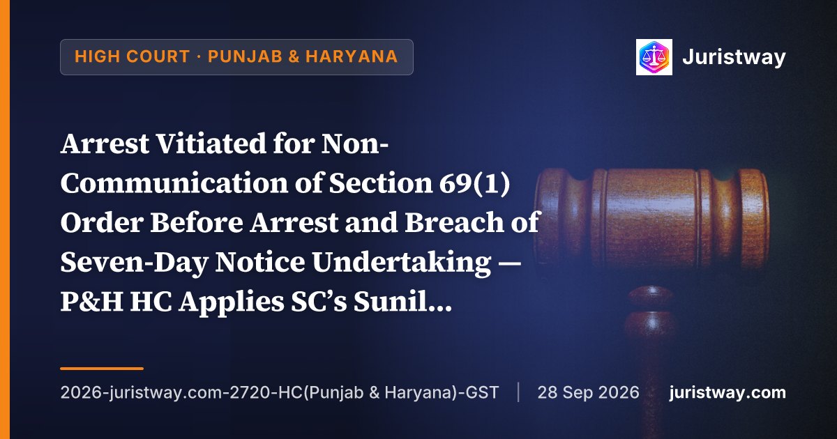 Arrest Vitiated for Non-Communication of Section 69(1) Order Before Arrest and Breach of Seven-Day Notice Undertaking — P&H HC Applies SC’s Sunil Biyani, Holds Section 70 Summons Cannot Substitute Prior Notice of Arrest